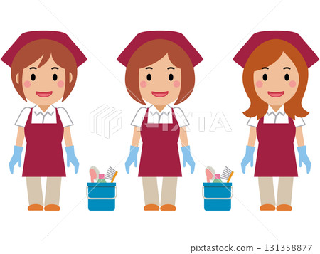 A smiling female cleaner in a crimson apron with her hands down A smiling female cleaner in a crimson apron with her hands down 131358877