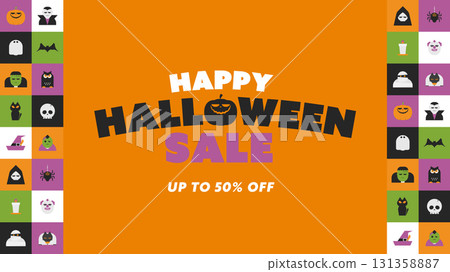 Halloween advertising background template (orange) decorated with flat designs of pumpkins and monsters 131358887