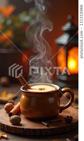 Warm Rustic Apple Cider Beverage with Cinnamon Stick and Steam 131358966