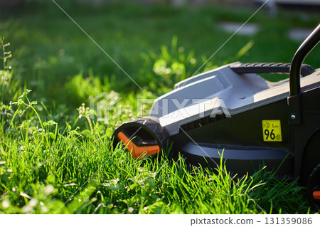 Electric lawn mower cutting green grass in backyard 131359086