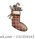 Plaid Christmas Stocking with Gifts Watercolor Illustration Isolated On White 131359143