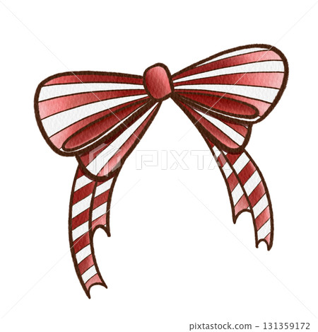 Red and White Striped Christmas Bow Watercolor Illustration Isolated On White 131359172