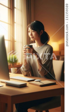 放鬆的背景材料 | 在家工作的女人 - 窗邊的安靜休息 放鬆的背景材料 | 在家工作的女人 - 窗邊的安靜休息 131359389