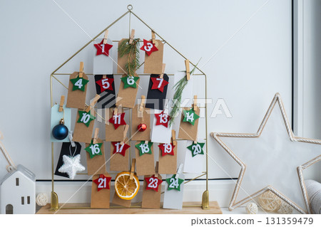 Step by step instruction of making handmade Christmas advent calendar. Creative craft homemade decor. New year celebration. Winter 131359479