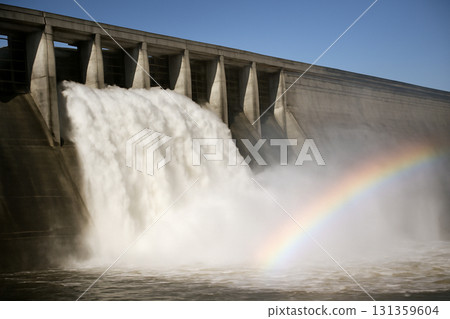 AI generated photo of a hydroelectric dam releasing water through its spillway, creating a rainbow in the mist. The power nature is highlighted with the massive concrete structure and flowing water. 131359604