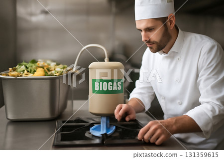 AI generated image of a chef in a restaurant kitchen using biogas from food waste to power a stove. The clean blue flame symbolizes sustainability and circular economy in the culinary industry. AI generated image of a chef in a restaurant kitchen using biogas from food waste to power a stove. The clean blue flame symbolizes sustainability and circular economy in the culinary industry. 131359615