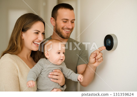 AI generated photo of a young family with a baby installing a smart thermostat in their modern home. Joyful, warm, and modern living atmosphere capturing a happy family moment. 131359624