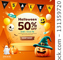 Halloween orange podium pumpkin smile and flag poster design.eps 131359720