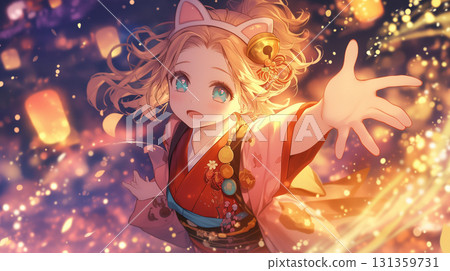 一幅奇妙的動畫插圖，描繪了一個身穿和服、頭戴貓耳、伸向夜空的美麗女孩 131359731