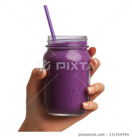 Hand holding a jar of blueberry smoothie, isolated on a transparent background. 131359764