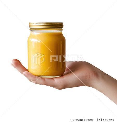 Hand holding a jar of orange smoothie, isolated on a transparent background. 131359765