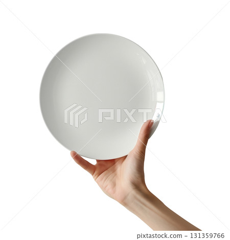 Hand holding a mockup empty white ceramic plate, isolated on a transparent background. 131359766