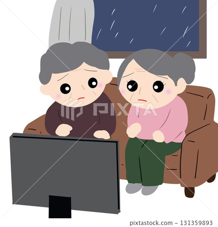 Grandparents watching typhoon reports on TV Grandparents watching typhoon reports on TV 131359893