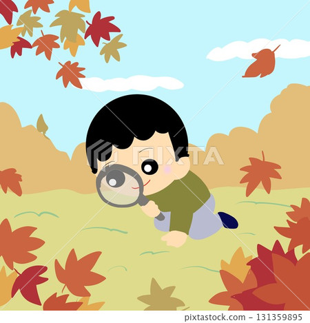 一個孩子在秋天的草叢中尋找昆蟲 131359895