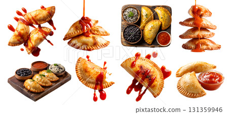 Set of Golden Empanada Curry puff crispy fried baked turnover pastry, filling of beef chicken pork, with ketchup, serving wooden board, stack broken, isolated transparent cutout PNG. Mockup template 131359946