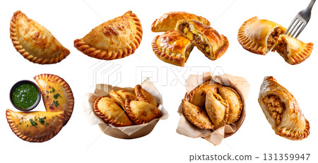 Set of Golden Empanada Curry puff crispy fried baked turnover pastry, beef chicken pork potato, with dip, fork, takeaway bowl, sliced broken isolated on transparent cutout PNG. Mockup  131359947