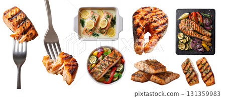 Set of salmon fish steak fillet, pan-fried grilled baked, stone slate plate, on fork, casserole pan, with greens salad vegetable, sliced on transparent cutout PNG. Mockup template for design 131359983