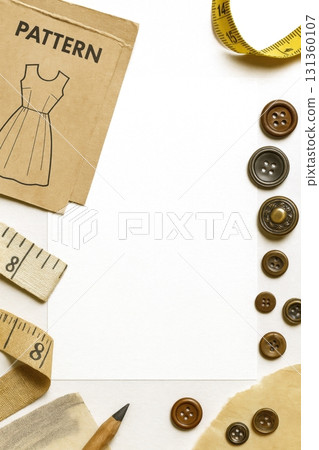 Dress sewing pattern with measuring tape and buttons for tailoring project Dress sewing pattern with measuring tape and buttons for tailoring project 131360107