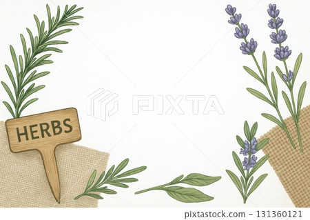 Fresh herbs and lavender arranged on white background with wooden label 131360121