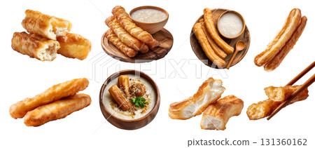 Set of crispy golden-brown Youtiao, Chinese fried dough crullers, breakfast, chopstick, wooden serve board, rice congee porridge, halved broken pile stack on transparent cutout PNG. Mockup 131360162