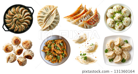 Set of soup dumplings, tangbao, jiaozi Gyoza Pierogi mandu,Chinese steamed bun, Xiao Long Bao baozi, wonton, broth meat filling, isolated on transparent cutout PNG. Many different Mockup template 131360164