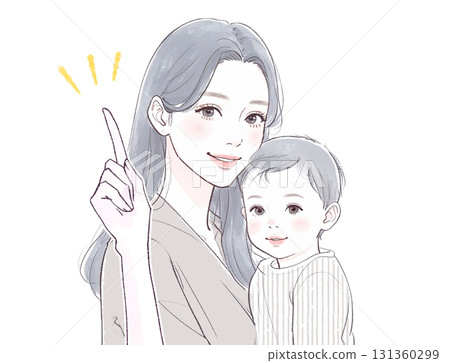 Watercolor and hand-drawn illustration of a mother and child 131360299