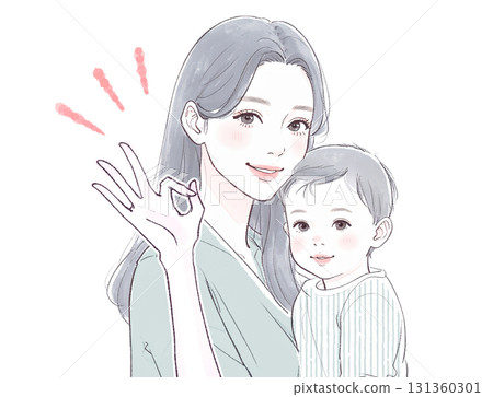 Watercolor and hand-drawn illustration of a mother and child 131360301