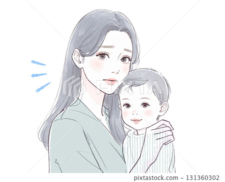 Watercolor and hand-drawn illustration of a mother and child 131360302