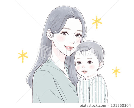 Watercolor and hand-drawn illustration of a mother and child 131360304
