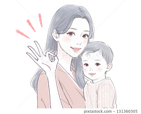 Watercolor and hand-drawn illustration of a mother and child 131360305
