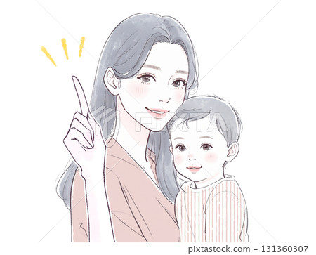 Watercolor and hand-drawn illustration of a mother and child Watercolor and hand-drawn illustration of a mother and child 131360307