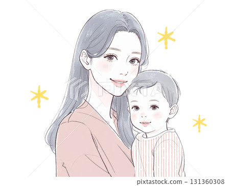 Watercolor and hand-drawn illustration of a mother and child 131360308