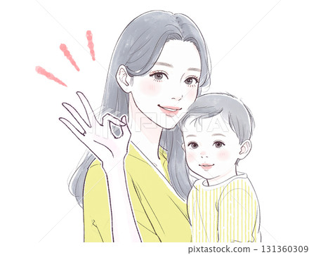 Watercolor and hand-drawn illustration of a mother and child 131360309