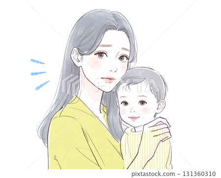 Watercolor and hand-drawn illustration of a mother and child Watercolor and hand-drawn illustration of a mother and child 131360310