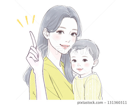 Watercolor and hand-drawn illustration of a mother and child 131360311