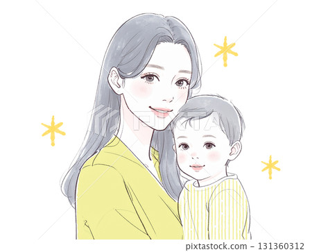 Watercolor and hand-drawn illustration of a mother and child 131360312