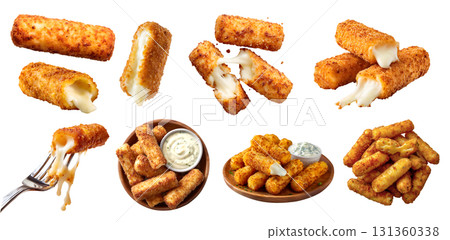 Set of golden brown fried crispy mozzarella sticks with melting gooey cheese, with sauce dip, wooden plate, fork, stack broken bitten pieces, isolated transparent cutout PNG. Mockup 131360338