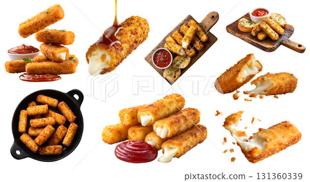Set of crispy mozzarella sticks, golden brown fried with melting cheese, wood serve board, skillet pan, with marinara ketchup sauce dip, stack broken bitten pieces, transparent cutout PNG. Mockup 131360339