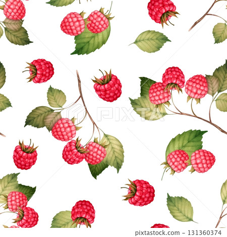 Raspberry seamless pattern with berries and leaves, hand-drawn botanical illustration Raspberry seamless pattern with berries and leaves, hand-drawn botanical illustration 131360374