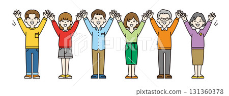 Full-body vector illustration set of three generations of men and women cheering with joy_Color 131360378