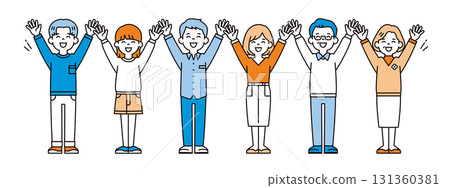 一組簡單的全身向量插圖，描繪了三代男女微笑和歡呼 131360381