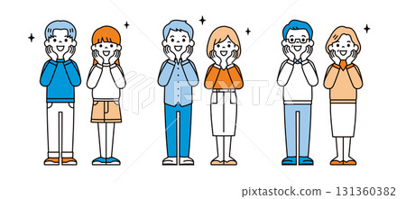 一組簡單的全身向量插圖，描繪了不同年齡的情侶，興奮而期待 131360382