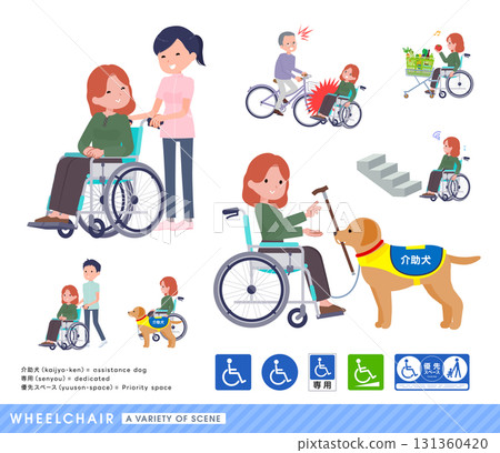 Set of red-haired women in wheelchairs 131360420