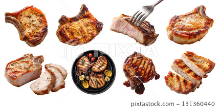 Set of pork chop steak meat, loin cut, sliced, barbecue grilled bake fry, plate, bbq grill, fork, sauce, bone-in boneless isolated on transparent cutout PNG. Mockup template for design 131360440