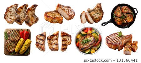 Set of pork chop meat steak, barbecue grilled bake fry, loin cut, wooden board skillet pan bowl, sauce, bone-in boneless, slice cube stack isolated on transparent cutout PNG. Mockup template Set of pork chop meat steak, barbecue grilled bake fry, loin cut, wooden board skillet pan bowl, sauce, bone-in boneless, slice cube stack isolated on transparent cutout PNG. Mockup template 131360441