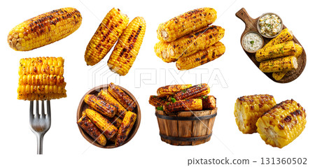 Set of grilled charred corn ribs on the cob, barbecue bbq, wooden serving board bucket, fork, halved pile stack on transparent cutout PNG. Mockup template 131360502