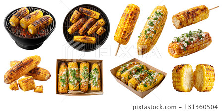 Set of charred grilled corn ribs on the cob, takeaway box, stick, barbecue bbq grill, cotija cheese spice, halved sliced pile stack on transparent cutout PNG. Mockup template for design Set of charred grilled corn ribs on the cob, takeaway box, stick, barbecue bbq grill, cotija cheese spice, halved sliced pile stack on transparent cutout PNG. Mockup template for design 131360504