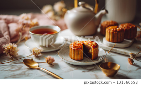 Mooncakes and tea on marble with warm lighting 131360558
