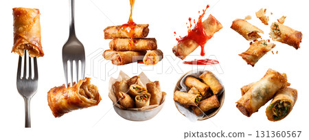 Set of egg spring roll, crispy fried wrapped pastry snack with savoury vegetable meat filling, takeaway bowl, salsa ketchup sauce dip, fork, halved broken pile stack on transparent cutout PNG. Mockup 131360567