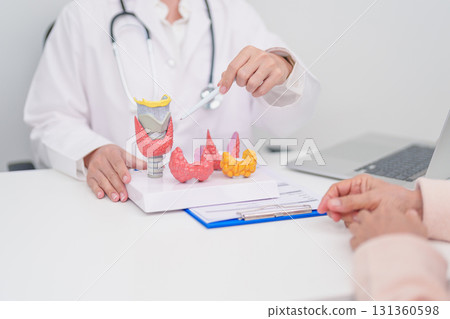 Elderly Patient consulting and Diagnosis with Doctor to Thyroid disease. Anatomy Thyroid model for Hyperthyroidism, Hypothyroidism, Hashimoto Thyroiditis, Thyroid Tumor and Cancer, Papillary Carcinoma Elderly Patient consulting and Diagnosis with Doctor to Thyroid disease. Anatomy Thyroid model for Hyperthyroidism, Hypothyroidism, Hashimoto Thyroiditis, Thyroid Tumor and Cancer, Papillary Carcinoma 131360598